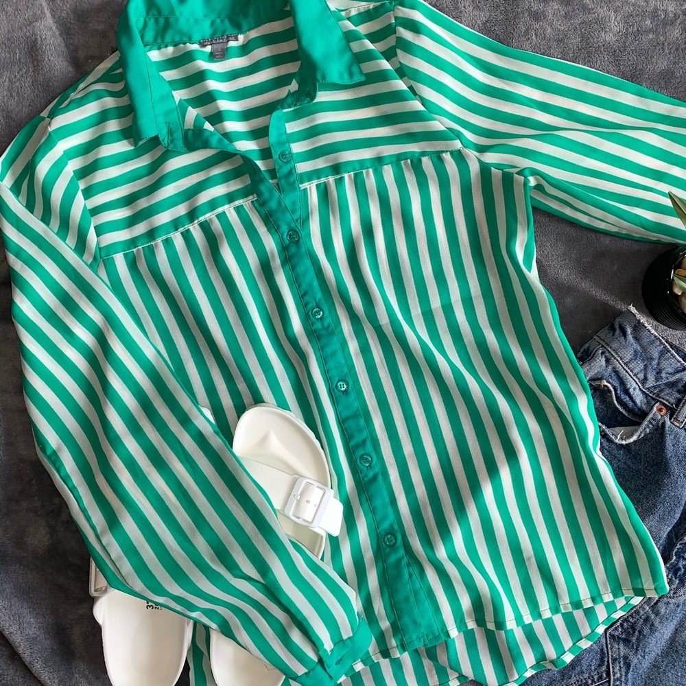 Charlotte Russe Button-up Striped Blouse Green S